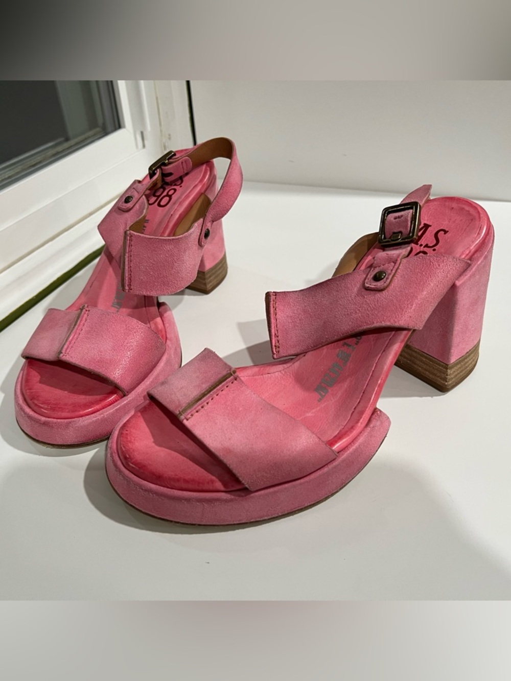 A.S.98 Pink Suede Block Heel Sandals 37/7
